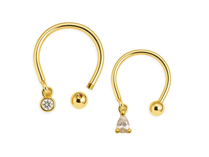 14K Gold Horseshoe Barbell, 16G Circular Barbell with Dangle Charm Gemstone Piercing for Septum - Inner Diameter size 8mm - 1pc each order