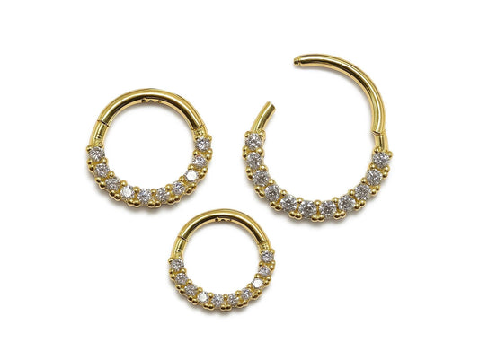 14K Gold 16G Septum Hinged Ring, Conch, Daith, Helix hoop Body Jewellery Piercing with Prong Set Gem Crystals - Sold Individually
