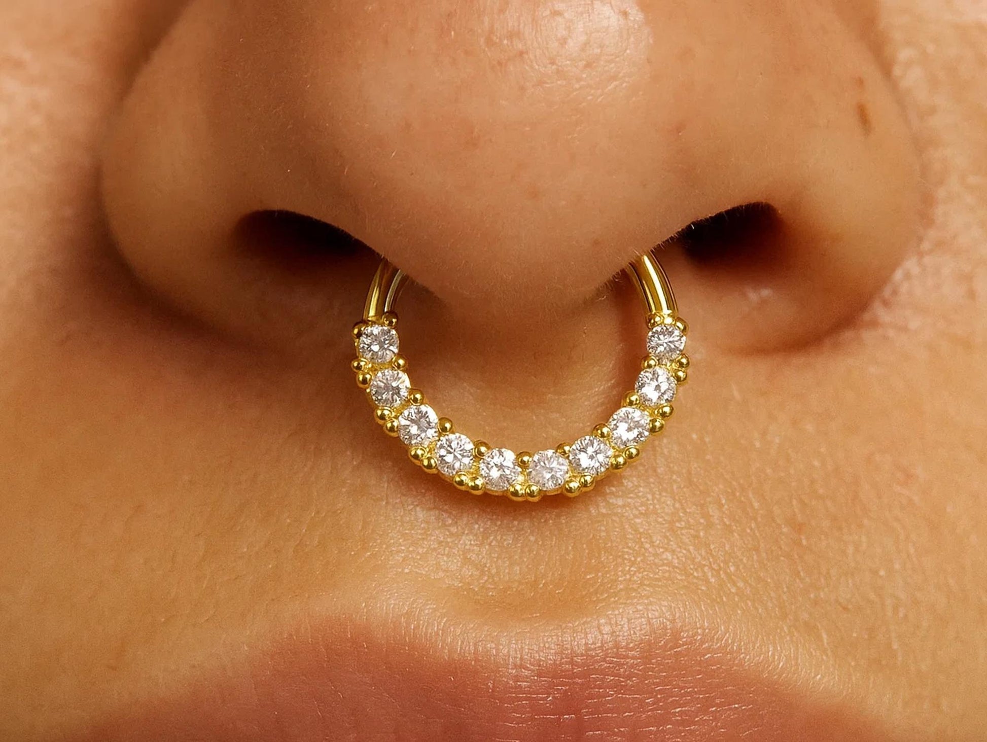 14K Gold 16G Septum Hinged Ring, Conch, Daith, Helix hoop Body Jewellery Piercing with Prong Set Gem Crystals - Sold Individually