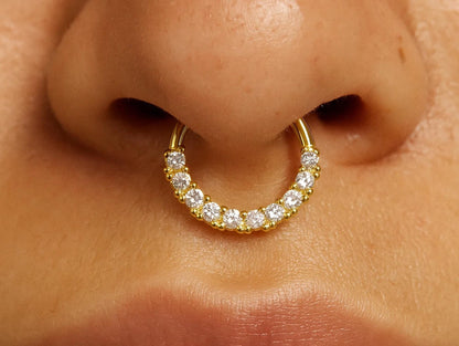 14K Gold 16G Septum Hinged Ring, Conch, Daith, Helix hoop Body Jewellery Piercing with Prong Set Gem Crystals - Sold Individually