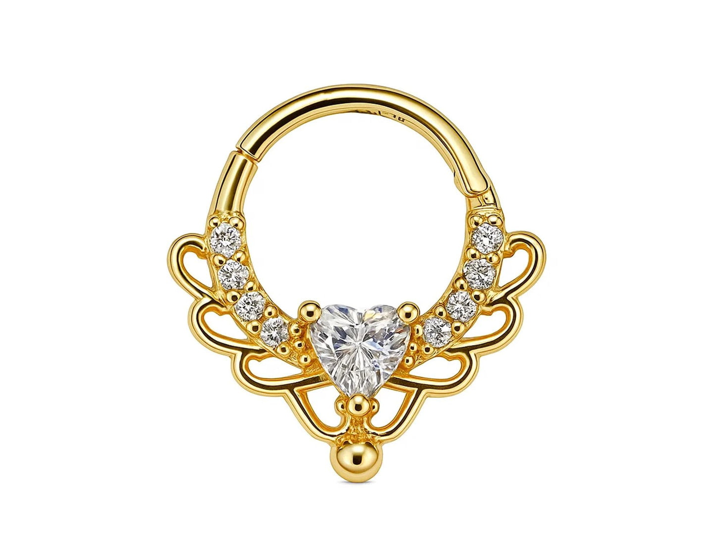 14K Gold 16G Clicker Ring, Nose Septum, Daith Piercing, Helix Hoops Body Jewellery with Heart Gem Crystal - Diameter size 8mm