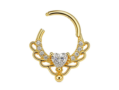 14K Gold 16G Clicker Ring, Nose Septum, Daith Piercing, Helix Hoops Body Jewellery with Heart Gem Crystal - Diameter size 8mm