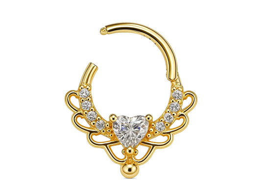 14K Gold 16G Clicker Ring, Nose Septum, Daith Piercing, Helix Hoops Body Jewellery with Heart Gem Crystal - Diameter size 8mm