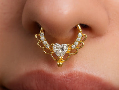 14K Gold 16G Clicker Ring, Nose Septum, Daith Piercing, Helix Hoops Body Jewellery with Heart Gem Crystal - Diameter size 8mm