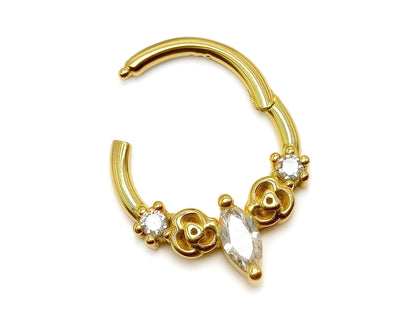 14K Gold 16G Unique Style Clicker Ring for Nose Septum, Daith Hoops Body Jewellery Piercing with Gem Crystal Hand Set - Diameter size 8mm