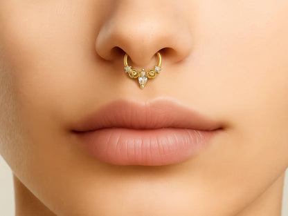 14K Gold 16G Unique Style Clicker Ring for Nose Septum, Daith Hoops Body Jewellery Piercing with Gem Crystal Hand Set - Diameter size 8mm