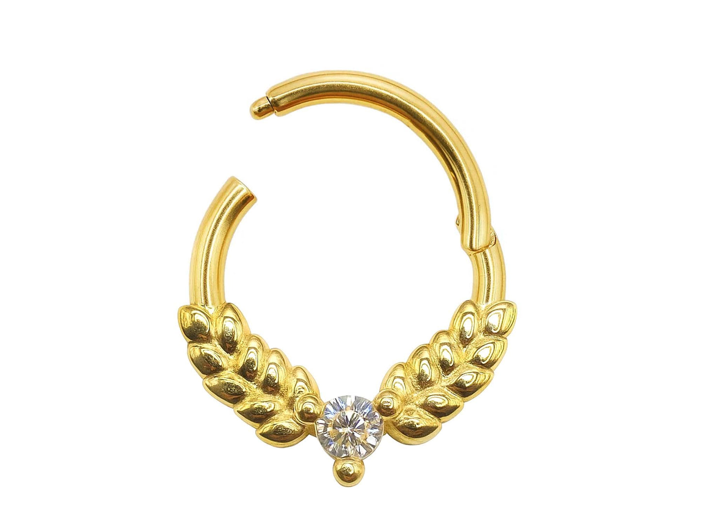 14K Gold 16G Olive Leaves Septum Clicker Ring, Daith Hoops, Helix Body Jewellery Segment Hinged Ring with Gem Crystal - Diameter size 8mm