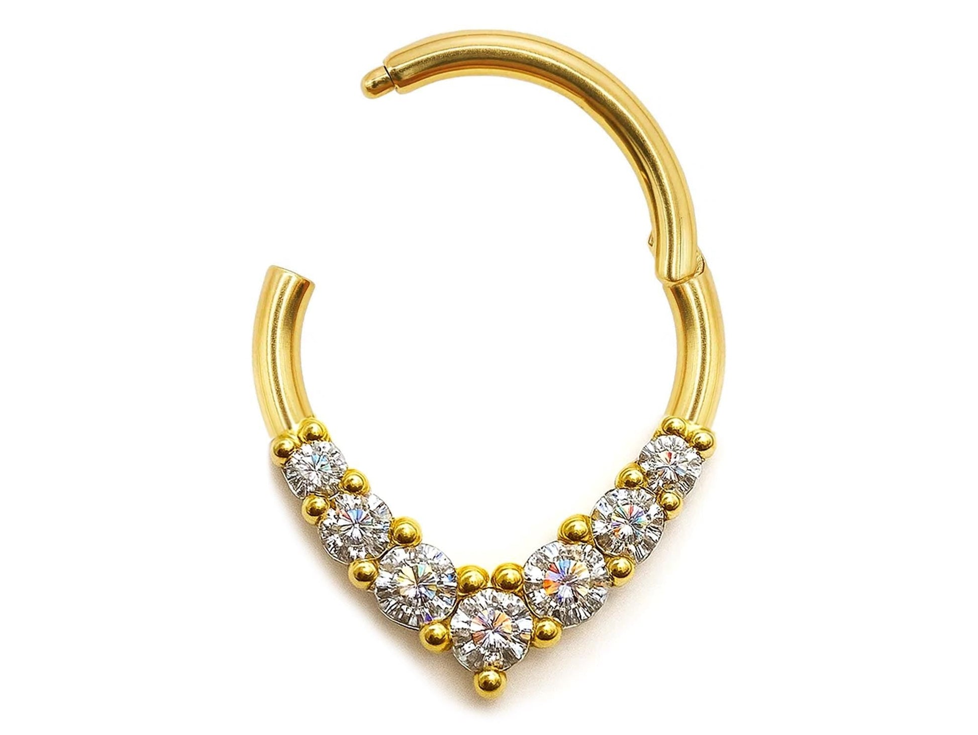 14K Gold Clicker hoop ring V-shape Segment Hinged Ring for Septum, Daith, Cartilage 16G Body Jewellery with Gemstones - Diameter size 8mm