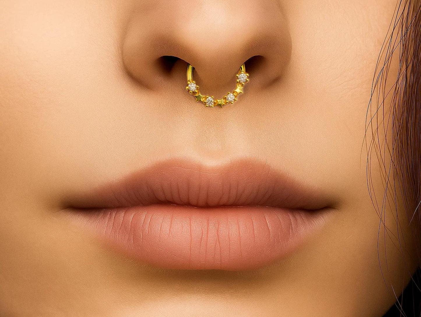 14K Gold Clicker Ring Nose Septum, Daith Hoop Star Design Body Jewellery with Gemstones - Inner Diameter size 8mm