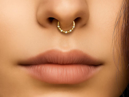 14K Gold Septum Clicker Unique Style Hoops for Nose, Daith cartilage 16G Segment Hinged Ring with Gemstones - Inner Diameter size 8mm