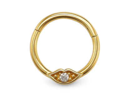 14K Gold Clicker Ring Lip design Hoops for Nose Septum, Daith cartilage 16G Segment Hinged with Gemstones - Inner Diameter size 8mm