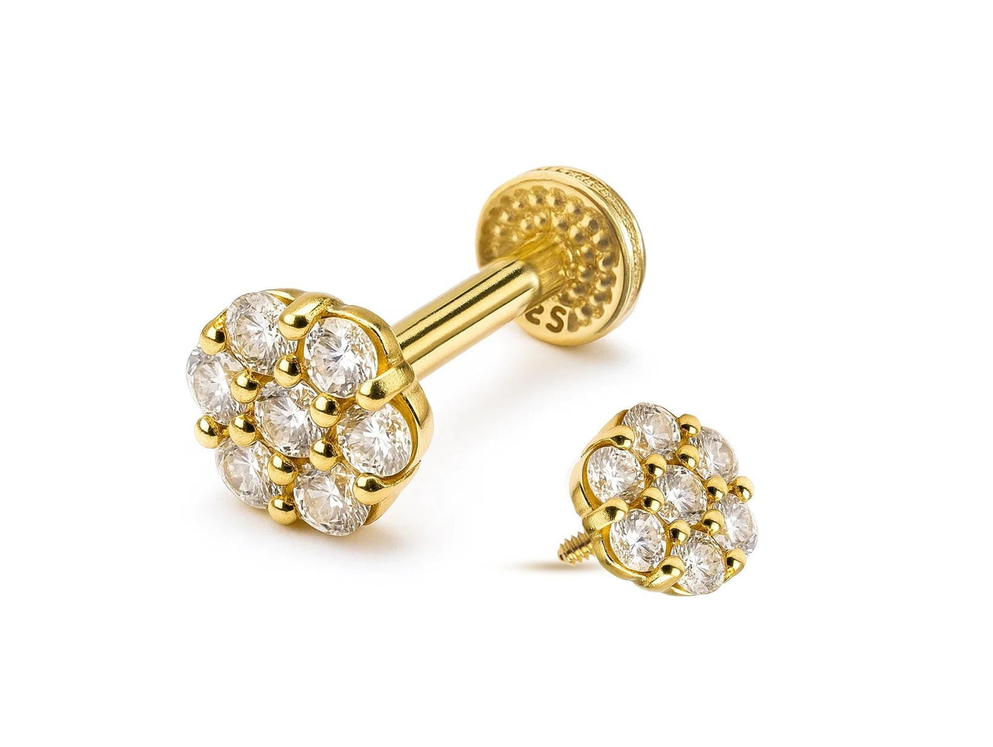 14K Gold Labret Stud Flower Lip Piercing Philtrum, Tragus, Helix, Cartilage 16G Body Jewellery Internally Threaded