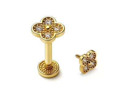 14K Gold Flower 16G Labret Stud Lip Piercing with Gemstones Philtrum, Tragus, Helix, Cartilage Body Jewellery Internally Threaded