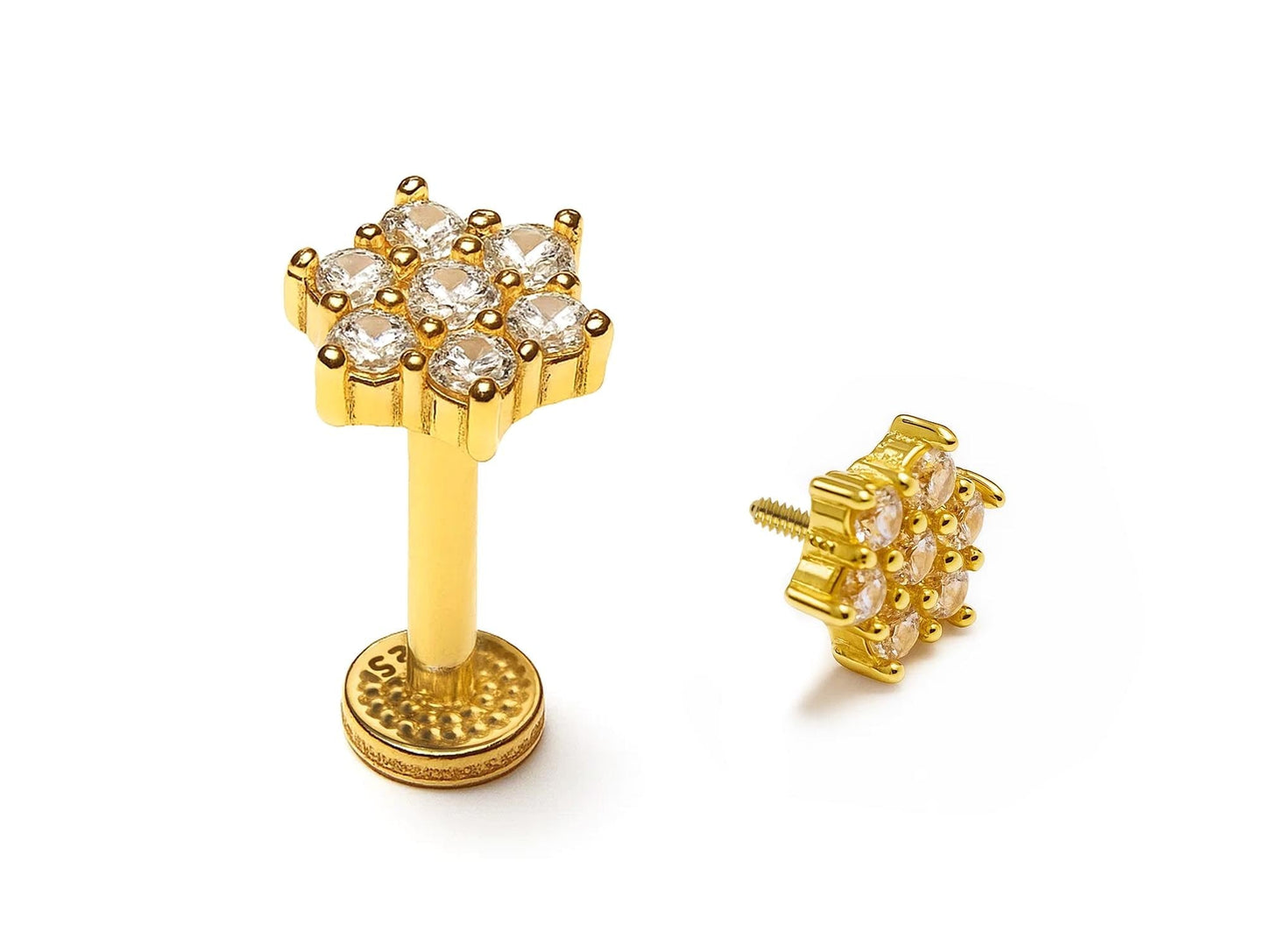 16G Labret Stud Lip Piercing 14K Gold Flower with Gemstones - Philtrum, Tragus, Helix, Cartilage Body Jewellery Internally Threaded