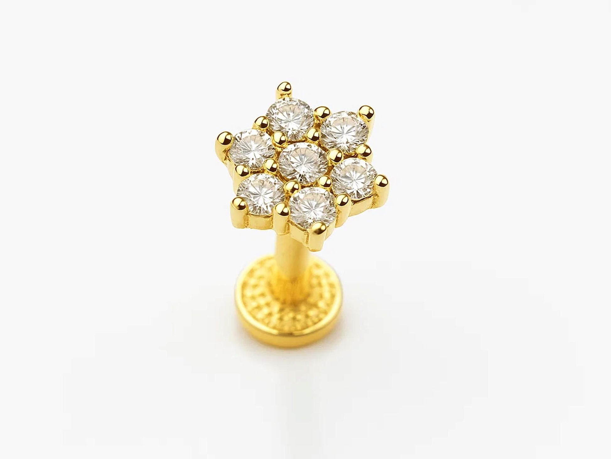 16G Labret Stud Lip Piercing 14K Gold Flower with Gemstones - Philtrum, Tragus, Helix, Cartilage Body Jewellery Internally Threaded