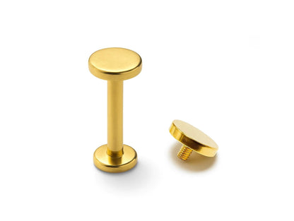 14K Gold Labret Stud Lip Piercing with Flat top Cylinder Internal Threaded 16G 14G Body Jewellery
