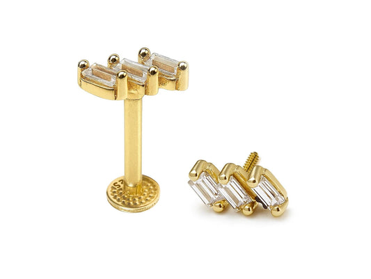 14K Gold Labret Stud Lip Piercing, Tragus, Helix, Cartilage with Gemstones 16G Body Jewellery Internally Threaded
