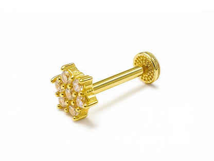 16G Labret Stud Lip Piercing 14K Gold Flower with Gemstones - Philtrum, Tragus, Helix, Cartilage Body Jewellery Internally Threaded