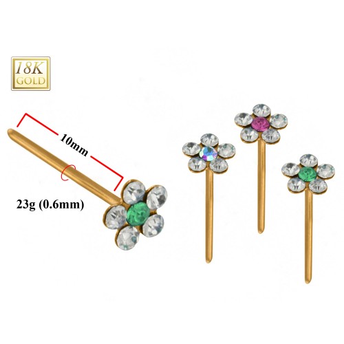 18K Gold Nose Pin - Flower design with Triple A Quality Crystal - The very Finest in Gold Nose Jewelry made of Solid Gold