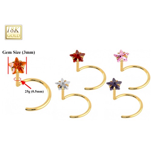 18K Gold Curve Nose Ring with Star Set Crystal, Nose Hook Piercing, Nose Jewelry made of Solid Gold