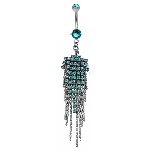Surgical Steel Dangle Bellybar for Belly Dancer - Studded with CZ Crystals - Various Colours ‐ Quality tested by Sheffield Assay Office England