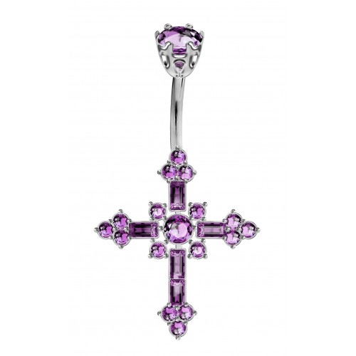 Sterling Silver Religious Cross Belly Bars 1.6mm / 14G with CZ Crystals - Various Colours ‐ Quality tested by Sheffield Assay Office England