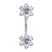 Double Flower Sterling Silver Belly Bars 1.6mm / 14G with CZ Crystals - Various Colours ‐ Quality tested by Sheffield Assay Office England