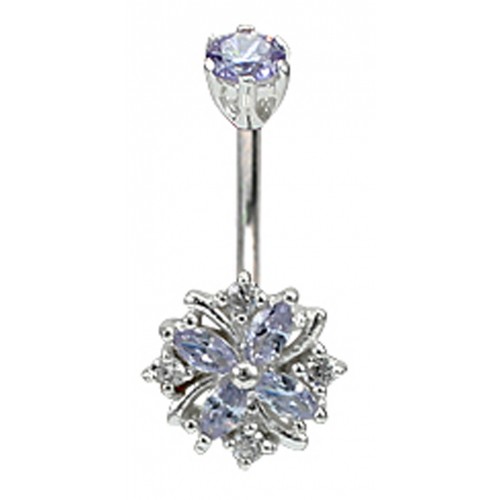 Sterling Silver Flower CZ Crystal Studded Belly Bars 1.6mm / 14G - Various Colours ‐ Quality tested by Sheffield Assay Office England