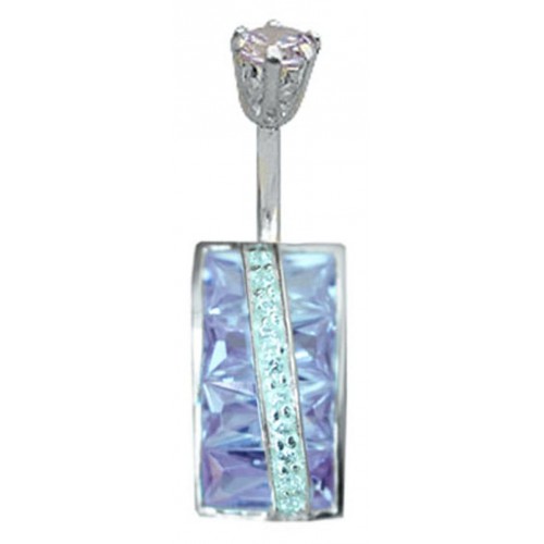 Sterling Silver Belly Bar - Rectangular Shape with CZ Crystals ‐ Quality tested by Sheffield Assay Office England