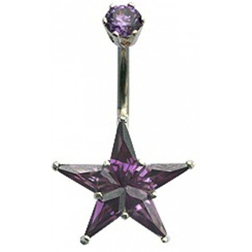 Sterling Silver Star Design Belly Button Piercing Bar with CZ Crystals - Various Colours ‐ Quality tested by Sheffield Assay Office England