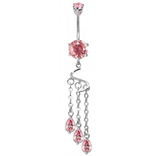 Sterling Silver Fancy Dangle CZ Crystal with Chains Belly Bars 1.6mm / 14G - Various Colours ‐ Quality tested by Sheffield Assay Office England