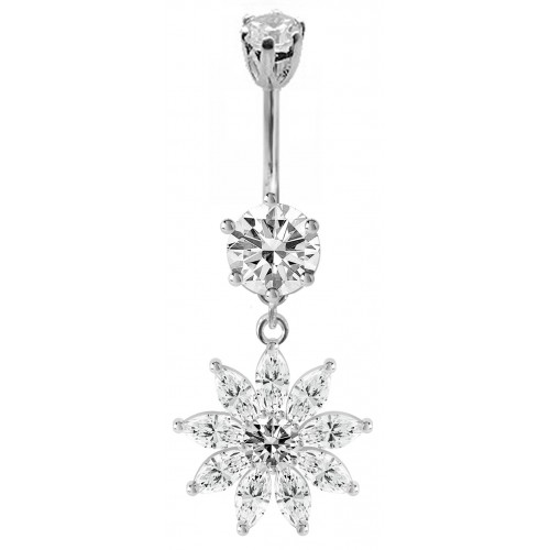 Sterling Silver Sunflower Dangle CZ Crystal Belly Bars 1.6mm / 14G - Various Colours ‐ Quality tested by Sheffield Assay Office England