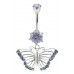 Sterling Silver Dangle Butterfly CZ Crystal Studded Belly Bars 1.6mm / 14G - Various Colours ‐ Quality tested by Sheffield Assay Office England
