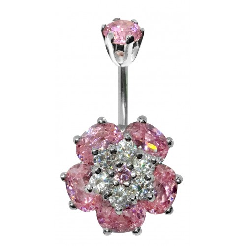 Sterling Silver Wild Flower CZ Crystal Belly Bars 1.6mm / 14G - Various Colours ‐ Quality tested by Sheffield Assay Office England