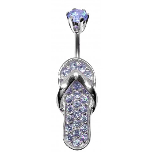 Sterling Silver Flip Flop Slippers Belly Bar Studded with CZ Glass Stone Crystals - Various Colours ‐ Quality tested by Sheffield Assay Office England