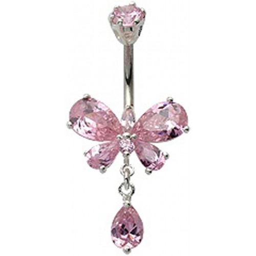 Sterling Silver Butterfly Dangle Drop CZ Crystal Belly Bars 1.6mm / 14G - Various Colours ‐ Quality tested by Sheffield Assay Office England