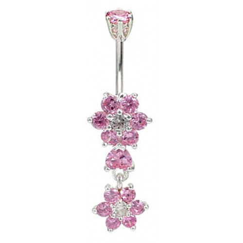 Sterling Silver Drop Dangle Double Flower CZ Crystal Belly Bars 1.6mm / 14G - Various Colours ‐ Quality tested by Sheffield Assay Office England