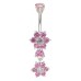 Sterling Silver Drop Dangle Double Flower CZ Crystal Belly Bars 1.6mm / 14G - Various Colours ‐ Quality tested by Sheffield Assay Office England