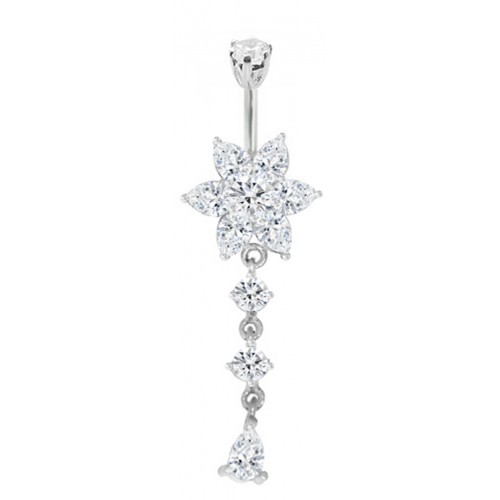 Sterling Silver Flower Drop Dangle CZ Crystal Belly Bars 1.6mm / 14G - Various Colours ‐ Quality tested by Sheffield Assay Office England