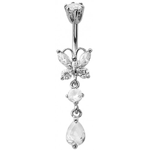 Sterling Silver Drop Dangle Butterfly CZ Crystal Belly Bars 1.6mm / 14G - Various Colours ‐ Quality tested by Sheffield Assay Office England