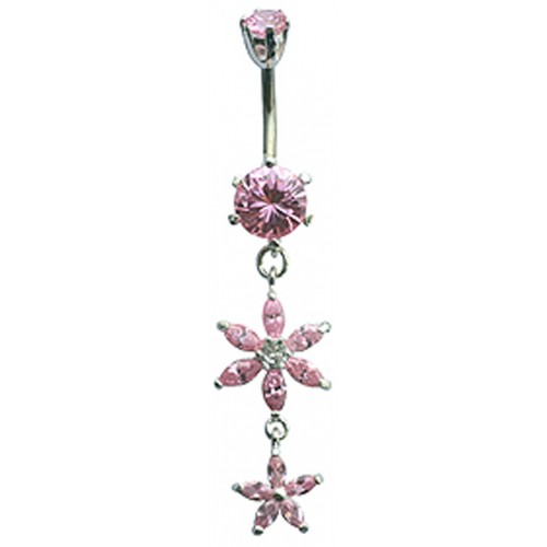 Sterling Silver Belly Bars 1.6mm / 14G with Double Flower Dangle CZ Crystals - Various Colours ‐ Quality tested by Sheffield Assay Office England
