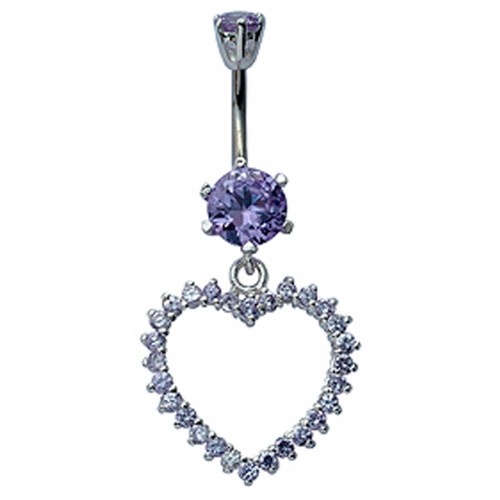 Sterling Silver Open Heart Belly Bars Studded with Surround CZ Crystals - Various Colours ‐ Quality tested by Sheffield Assay Office England