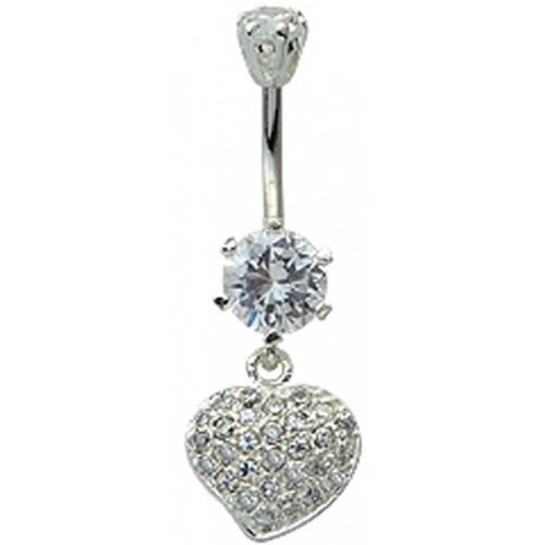 Sterling Silver Heart Shape CZ Crystal Studded Belly Bars 1.6mm / 14G - Various Colours ‐ Quality tested by Sheffield Assay Office England