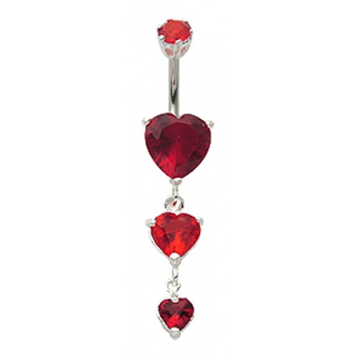 Triple Dangly Heart Drop Silver Belly Bars with CZ Crystals - Various Colours ‐ Quality tested by Sheffield Assay Office England