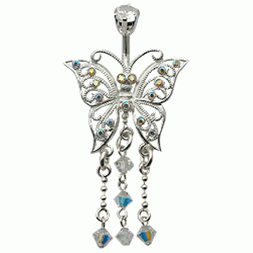 Sterling Silver Belly Bars 1.6mm / 14G with Butterfly Dangle CZ Crystals - Various Colours ‐ Quality tested by Sheffield Assay Office England