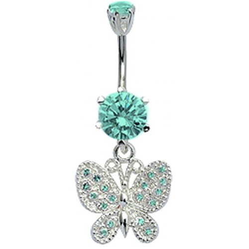Sterling Silver Butterfly Belly Bar Studded with CZ Crystals - Various Colours ‐ Quality tested by Sheffield Assay Office England