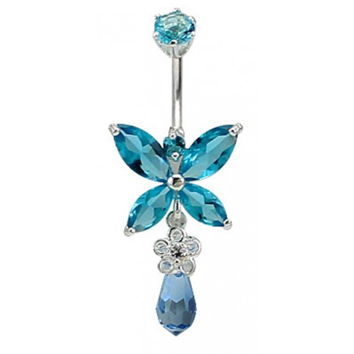 Sterling Silver Butterfly Drop Dangle Belly Bars Made Of Glass Stone Crystals CZ - Various Colours ‐ Quality tested by Sheffield Assay Office England