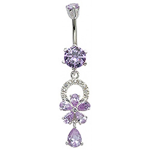 Sterling Silver Dangle Flower and Ring Belly Bar Studded with CZ Crystals - Various Colours ‐ Quality tested by Sheffield Assay Office England
