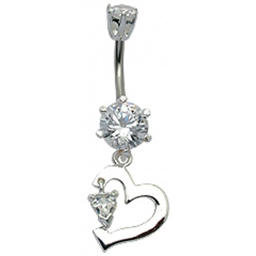 Sterling Silver Dangle Heart Belly Bars with CZ Crystals - Various Colours ‐ Quality tested by Sheffield Assay Office England