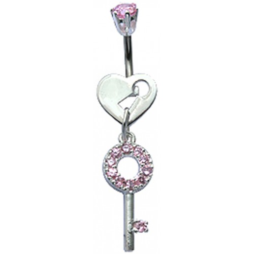 Silver Dangle Key and Heart Belly Bars with Round CZ Crystals - Various Colours ‐ Quality tested by Sheffield Assay Office England
